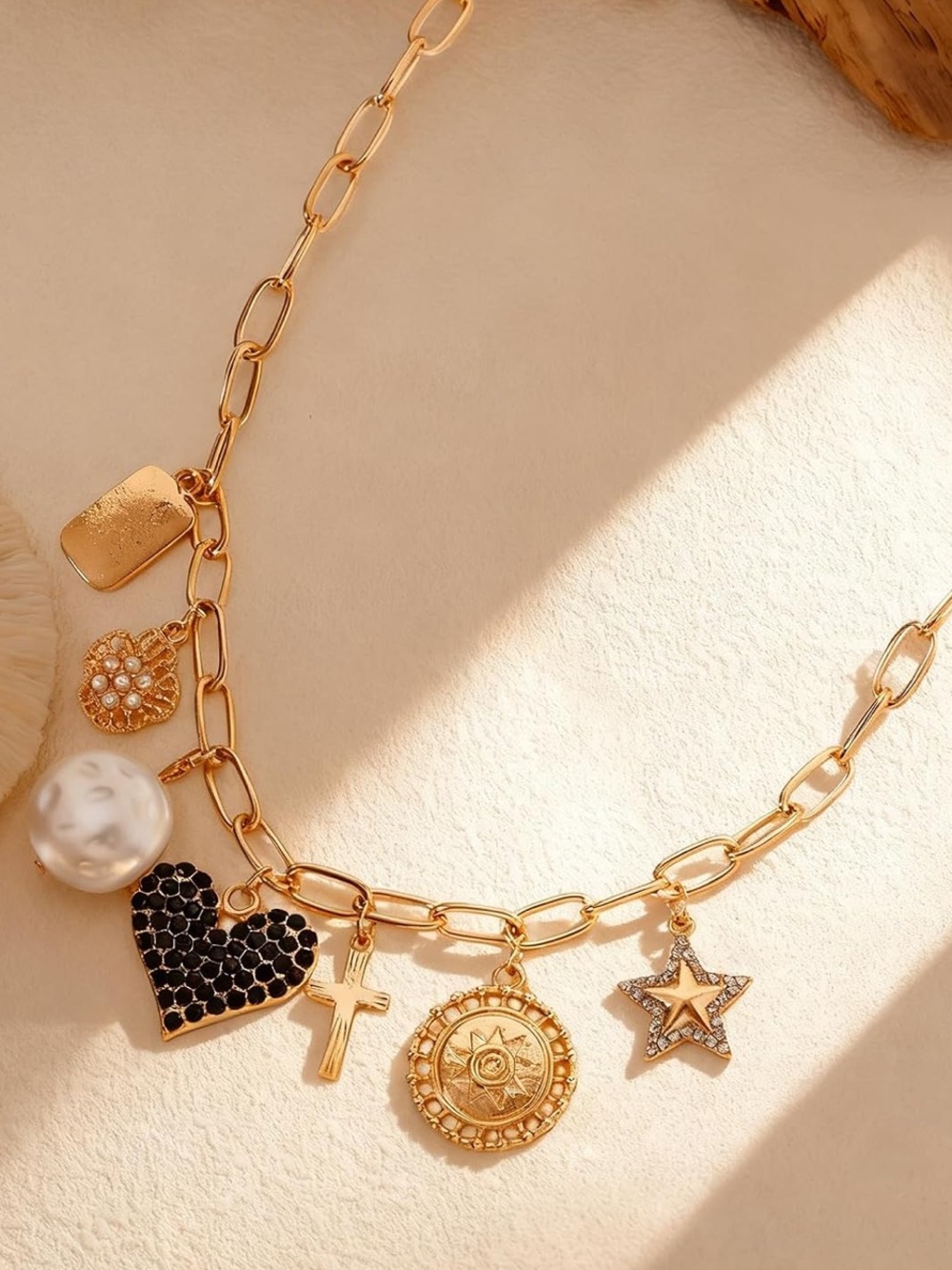 Anthropologie Gold Charm Necklace with Black Heart and Pearl